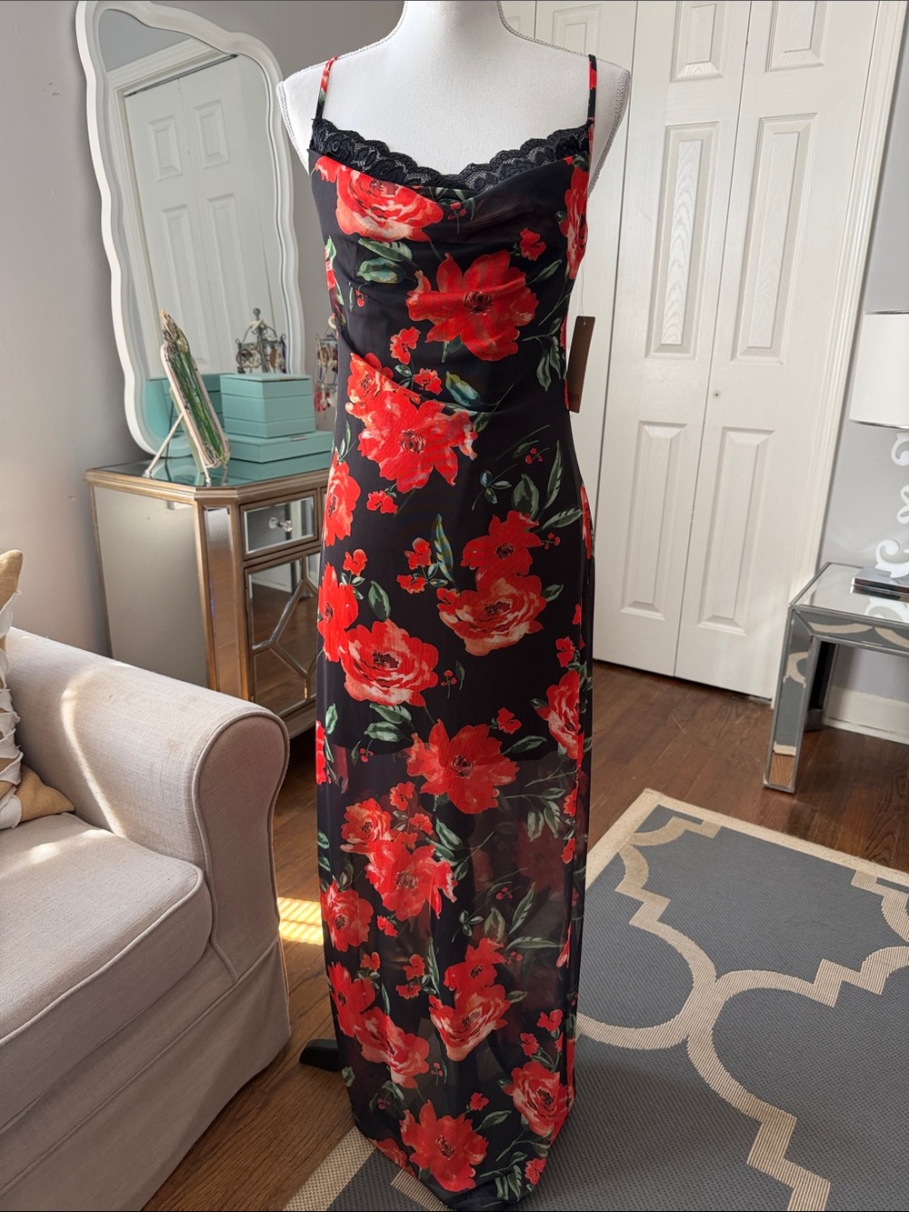PERSAYA Chic Black Floral Slip Maxi Dress w/ Red Rose Print Large NWT ❤️